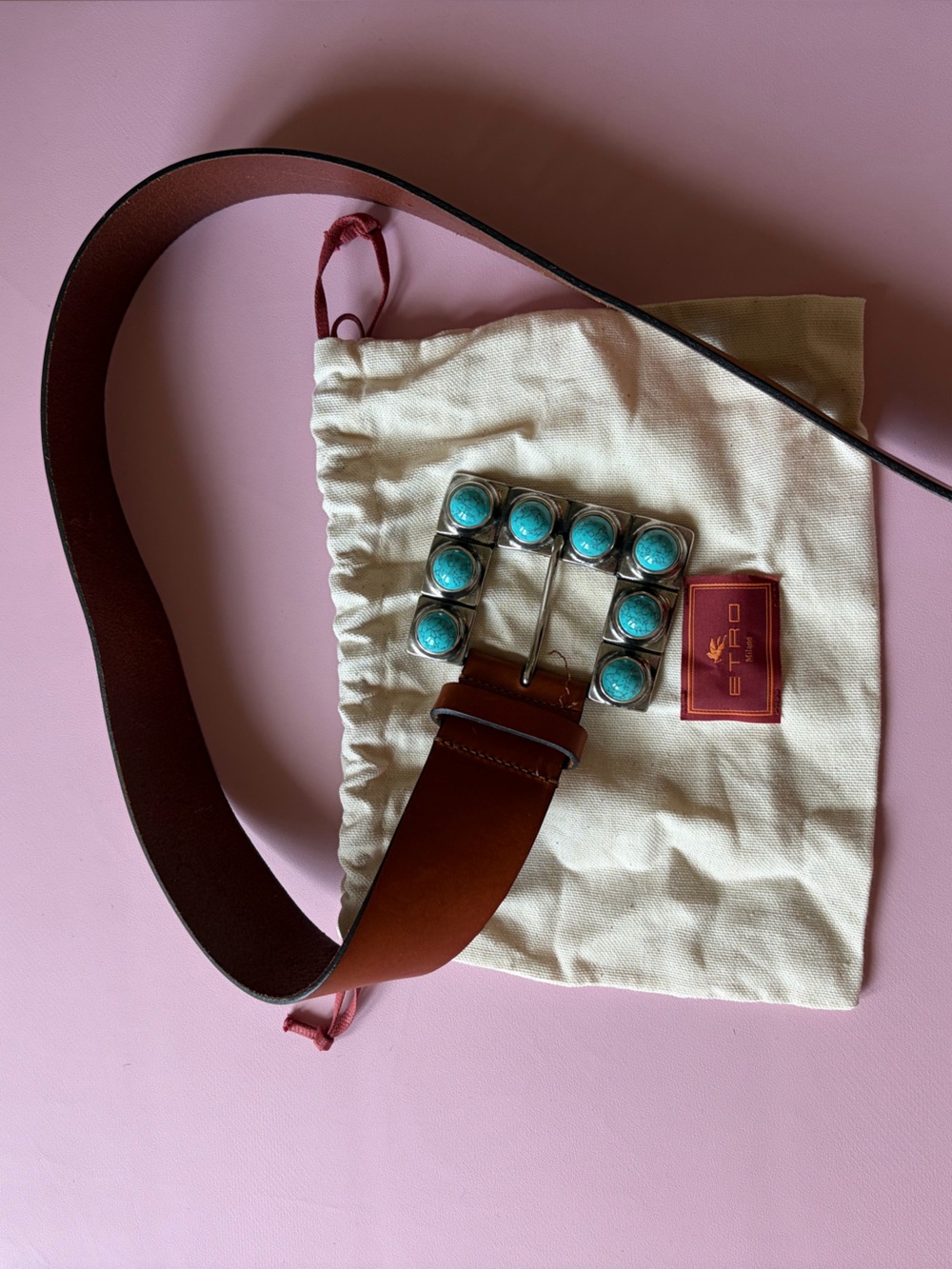 Etro Brown Leather Waist Belt with Turquoise-Accented Silver Buckle XS-XXS